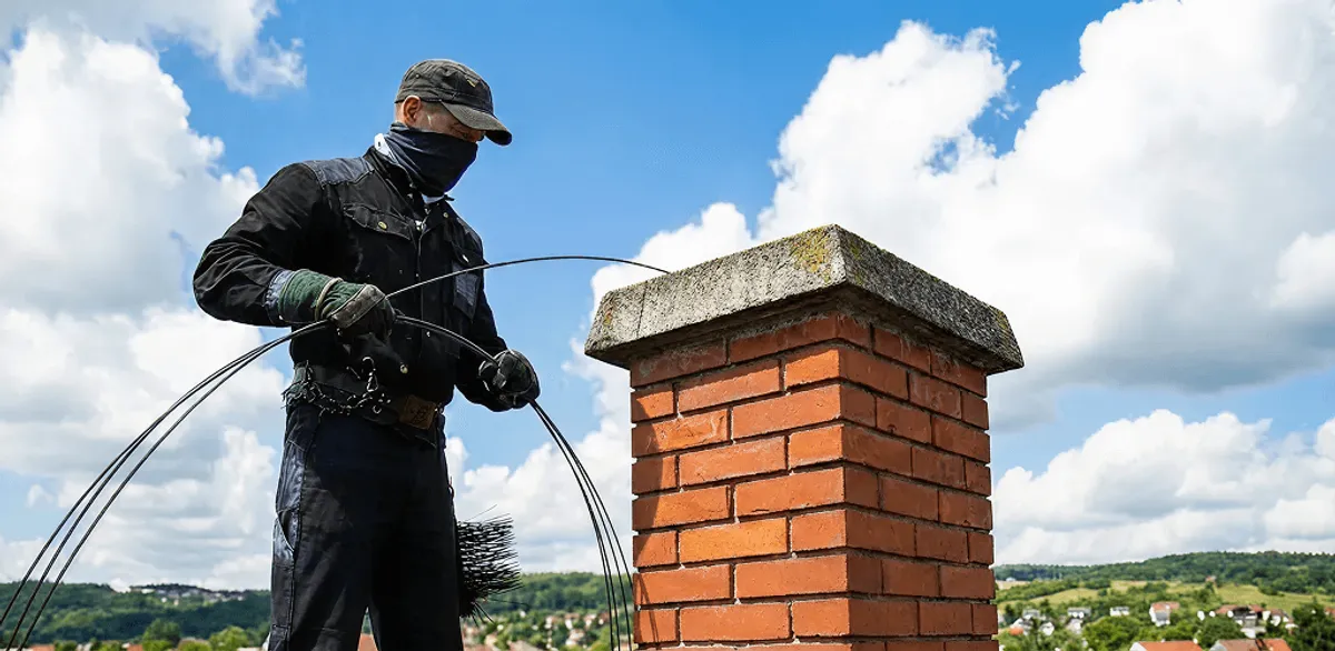 Chimney sweep cleaning a brick chimney with professional tools in Atlanta, GA