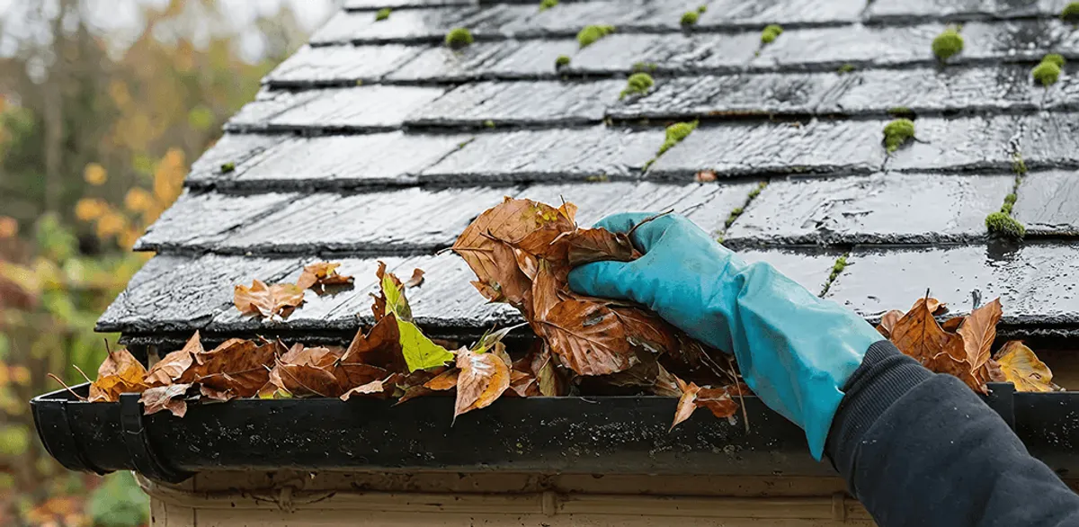 Gutter cleaning technician clearing wet leaves from roof gutters in Atlanta, GA