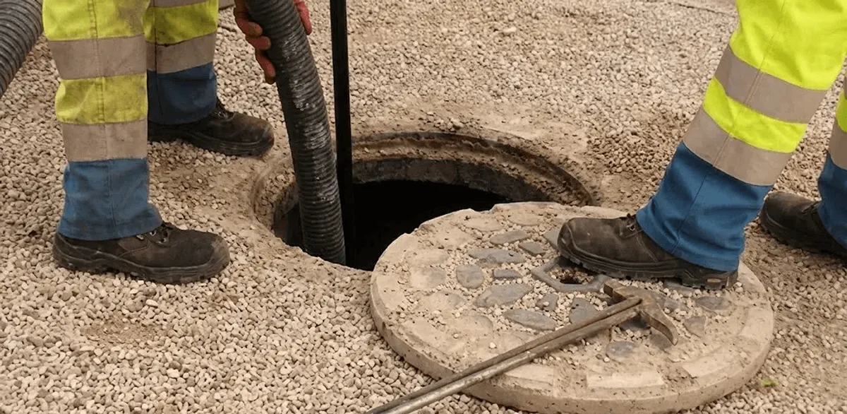 Drain cleaning crew clearing a sewer access point with professional equipment in Atlanta, GA